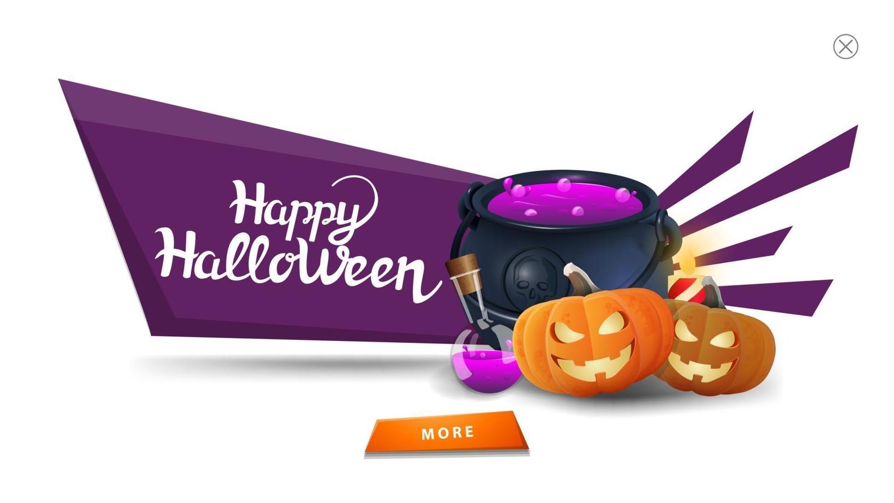 felice halloween, moderno saluto viola pop-up per il tuo sito web con cartello in legno, cappello da strega e jack zucca. pop up per la tua arte isolato su sfondo bianco vettore