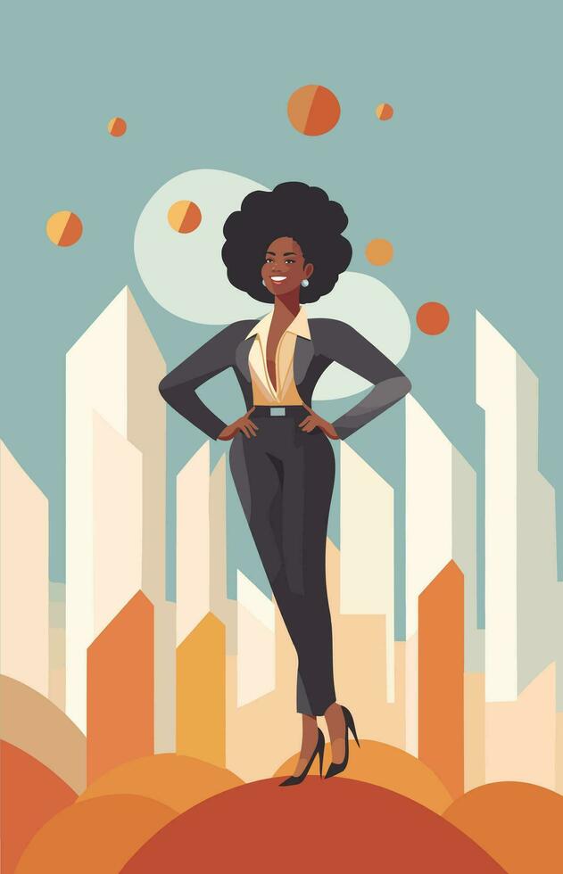 minimalista vettore illustrazione di un' fiducioso nero donna nel un' attività commerciale completo da uomo. Perfetto per aziendale e professionale temi