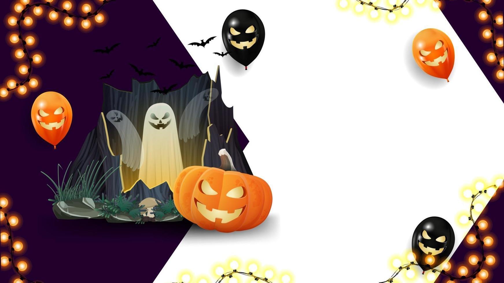 modello di halloween per la tua arte con grande freccia sullo sfondo, portale con fantasmi e jack zucca vettore