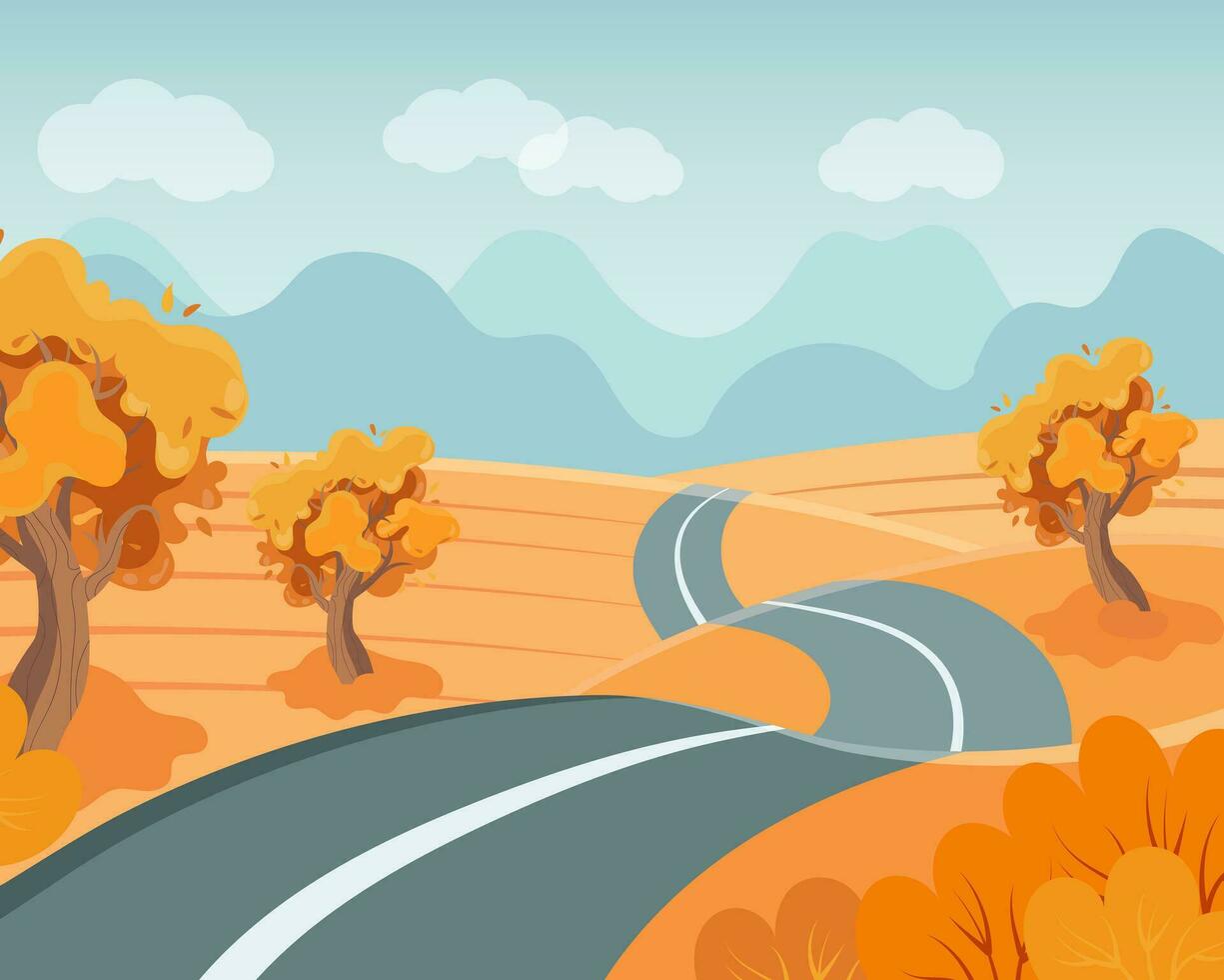 strada tra i campi e alberi, andando in il distanza, autunno paesaggio. illustrazione, clip arte, vettore
