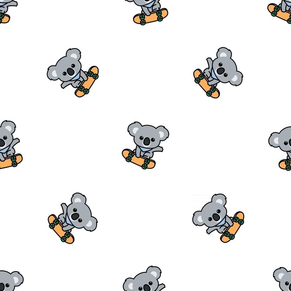 Simpatico koala che gioca a skateboard cartone animato modello senza cuciture, illustrazione vettoriale