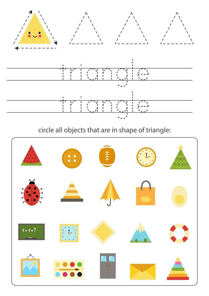 apprendimento della forma geometrica di base per i bambini. trova oggetti triangolari. vettore