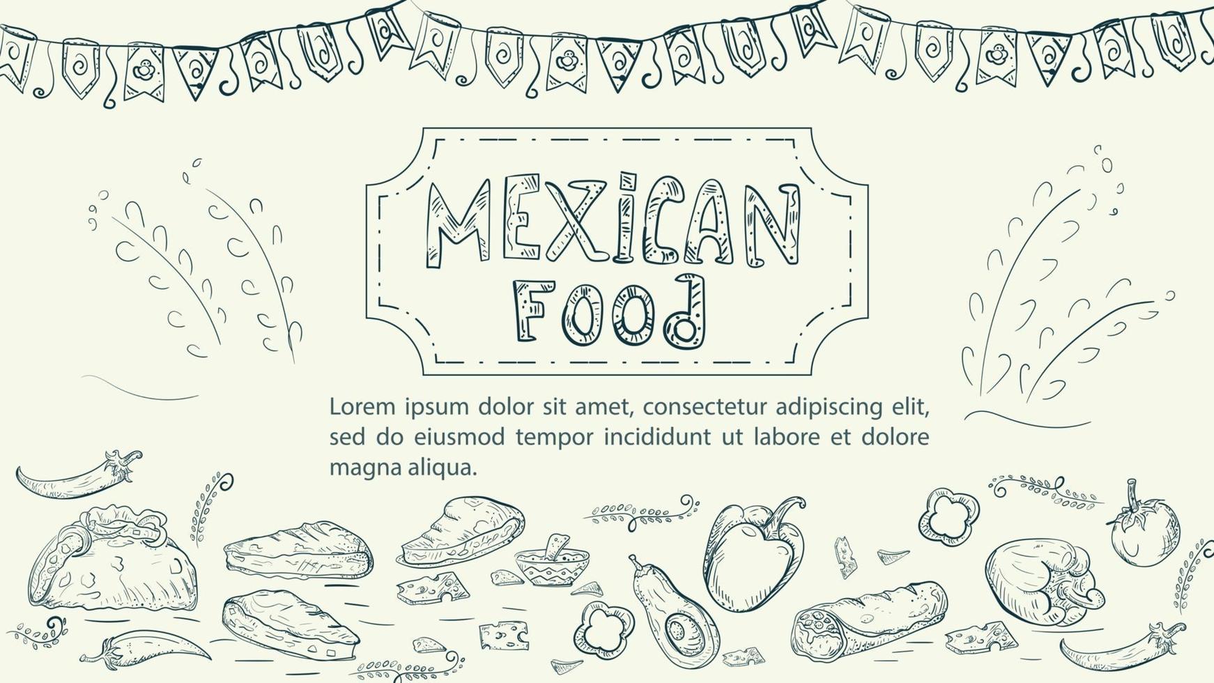 illustrazione schizzo realizzato nello stile di un doodle disegnato a mano per un design sul tema del cibo nazionale messicano tortillas tacos e burritos peperoncino pomodoro vettore