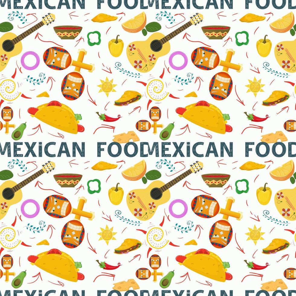 piatto infinito modello senza cuciture sul tema del cibo messicano chitarra maracas lime pepe burrito su sfondo bianco vettore