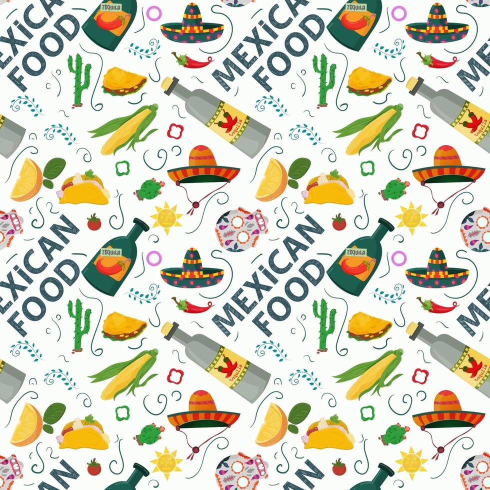 piatto infinito modello senza cuciture sul tema del cibo messicano teschi dipinti sombreros e bevanda tequila su sfondo bianco vettore