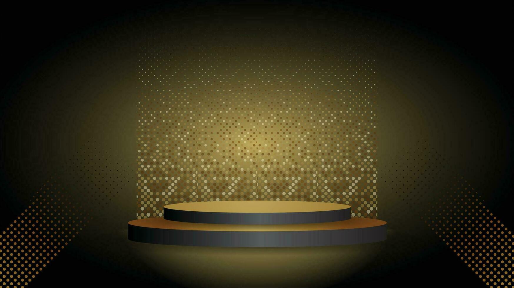 astratto sfondo oro podio per Prodotto stadio palcoscenico sala presentazione con panoramico luci di il giro futuristico neon raggiante il giro telaio e raggi.oro vettore illuminazione palcoscenico riflettore sfondo.