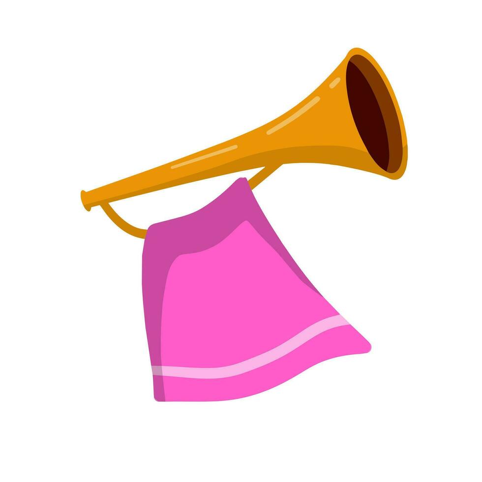 tromba. musicale strumento. d'oro corno con rosa bandiera. solenne evento. elemento di celebrazione e premi. suono e melodia. piatto cartone animato illustrazione vettore