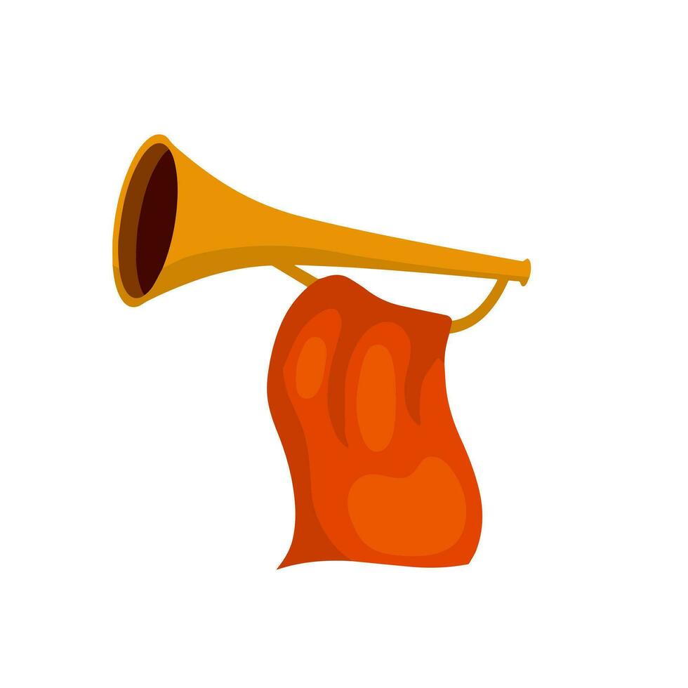 musicale strumento. tromba. d'oro corno con bandiera. solenne evento. elemento di celebrazione e premi. suono e melodia. piatto cartone animato illustrazione vettore