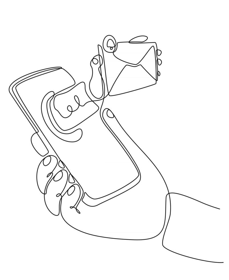 disegno a tratteggio continuo mano che tiene smartphone con illustrazione vettoriale di notifica e-mail