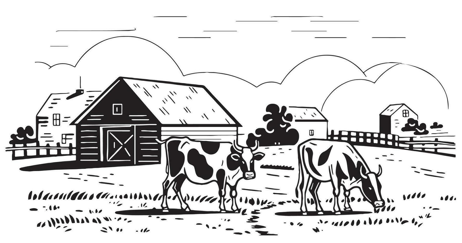 Due mucche pascolare su il campo su il sfondo di il azienda agricola mano disegnato schizzo nel scarabocchio stile vettore illustrazione