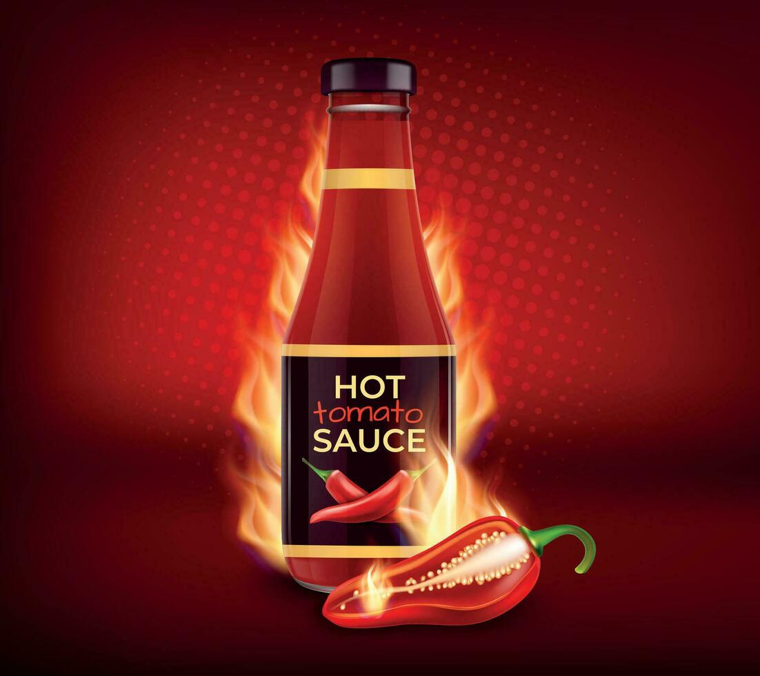 realistico dettagliato 3d rosso pomodoro ketchup salsa bottiglia e ardente chili Pepe nel fuoco su un' rosso sfondo. vettore