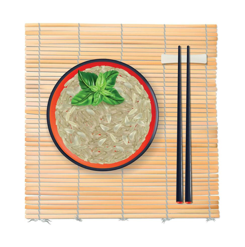 realistico dettagliato 3d ciotola pieno riso su un' bambù tavolo stuoia. vettore