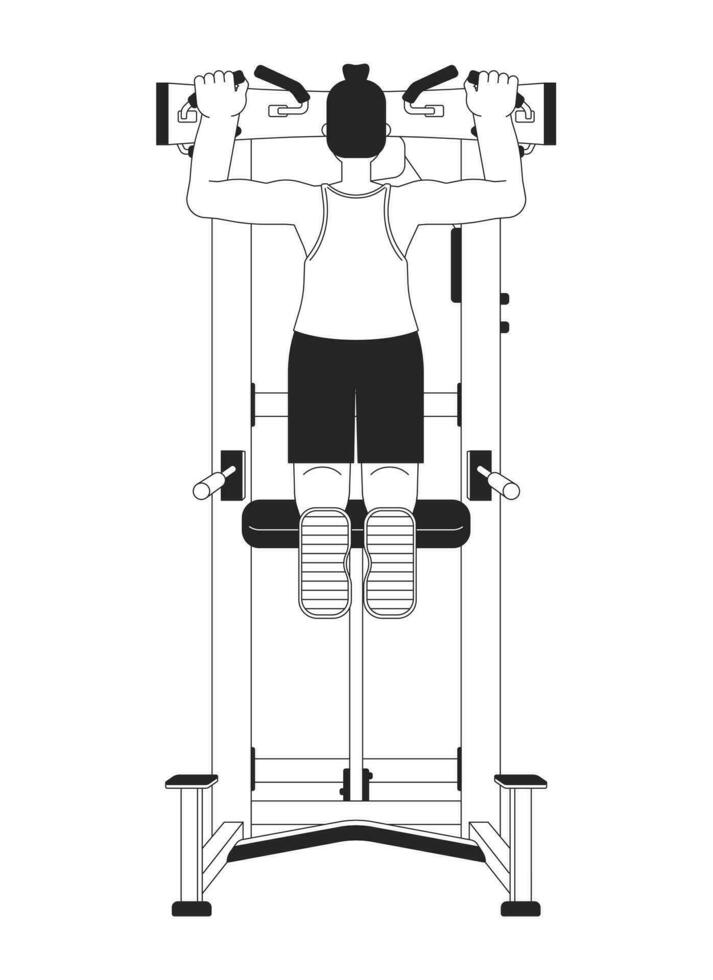 uomo traino su su pullup macchina piatto linea nero bianca vettore carattere. modificabile schema pieno corpo persona. peso corporeo esercizio sportivo semplice cartone animato isolato individuare illustrazione per ragnatela design