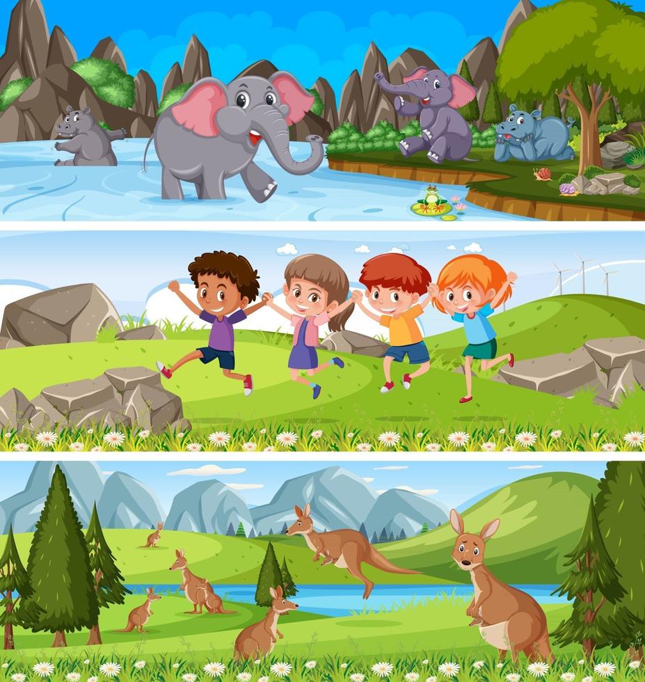 paesaggio naturale diverso nella scena diurna con personaggio dei cartoni animati vettore