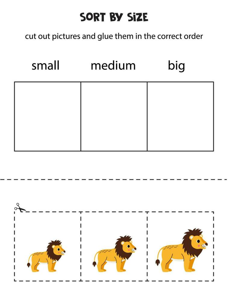 ordinare carino leoni di taglia. educativo foglio di lavoro per bambini. vettore