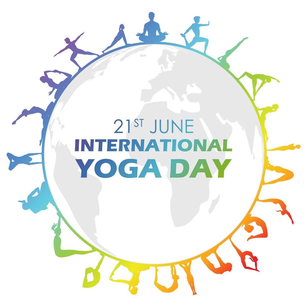 illustrazione di persone che praticano asana e meditazione per la giornata internazionale dello yoga il 21 giugno vettore