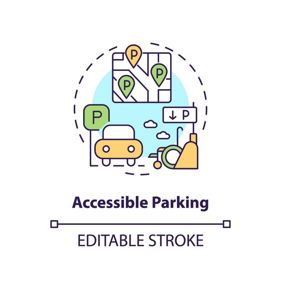 accessibile parcheggio concetto icona. sedia a rotelle trasporto. invalidità sostegno. barriera gratuito. riservato parcheggio astratto idea magro linea illustrazione. isolato schema disegno. modificabile ictus vettore