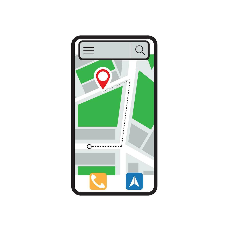 GPS navigazione carta geografica, smartphone carta geografica applicazione e rosso Pinpoint su schermo, App ricerca carta geografica navigazione, isolato su in linea mappe sfondo vettore