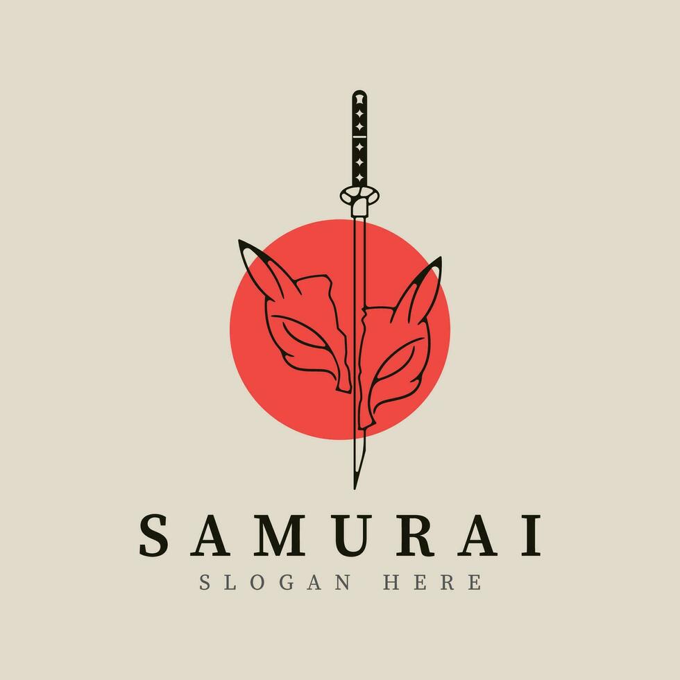 samurai e kitsune maschera linea arte logo vettore illustrazione modello design.