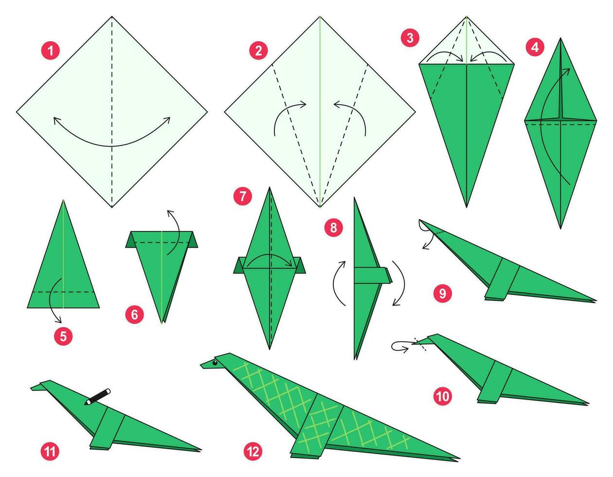 dinosauro origami schema lezione in movimento modello. origami per bambini. passo di passo Come per rendere un' carino origami dinosauro. vettore illustrazione.