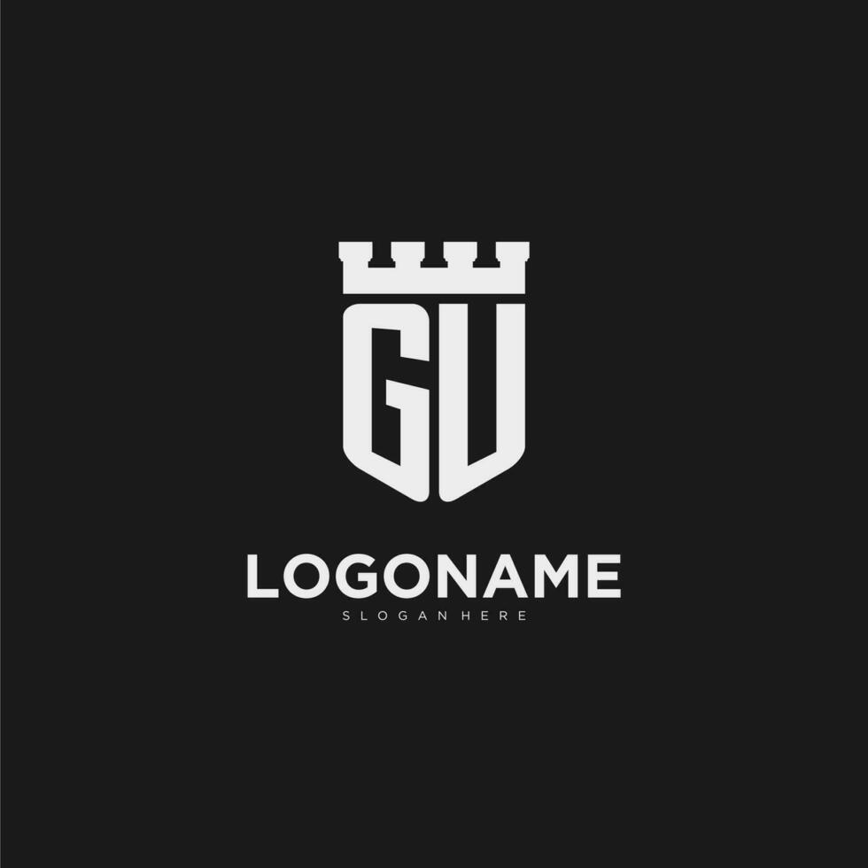 iniziali GU logo monogramma con scudo e fortezza design vettore