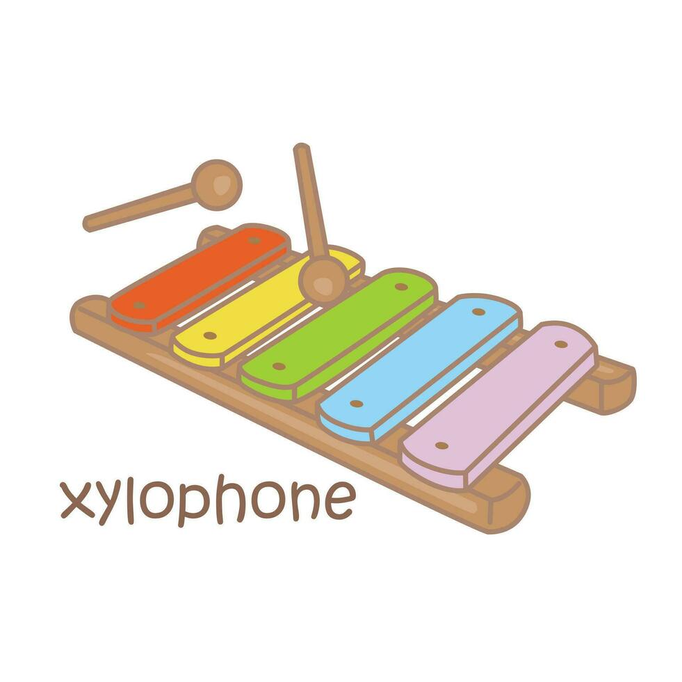 alfabeto X per xilofono vocabolario scuola lezione lettura cartone animato illustrazione vettore clipart etichetta