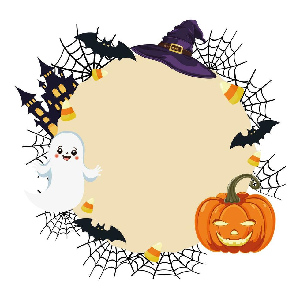 il giro telaio con Halloween Oggetti. lanterna zucca carino fantasma ragno ragnatela frequentato Casa caramella Mais pipistrello. per distintivi, cartoline, inviti, striscioni. vettore illustrazione.