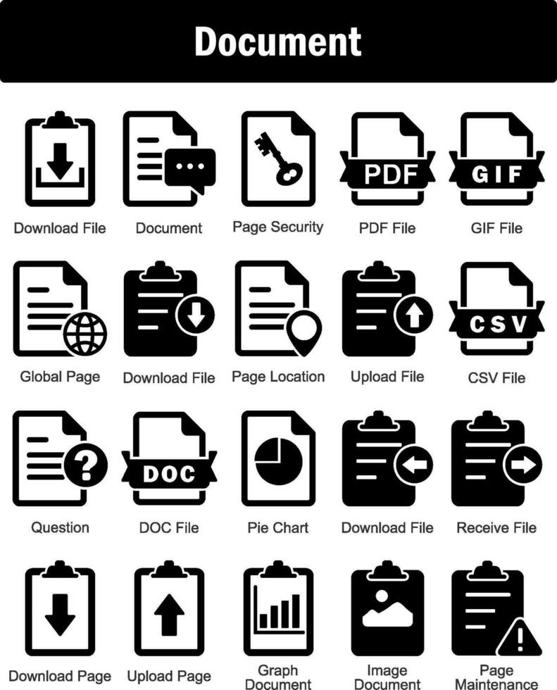 un' impostato di 20 documento icone come Scarica file, documento, pagina sicurezza vettore