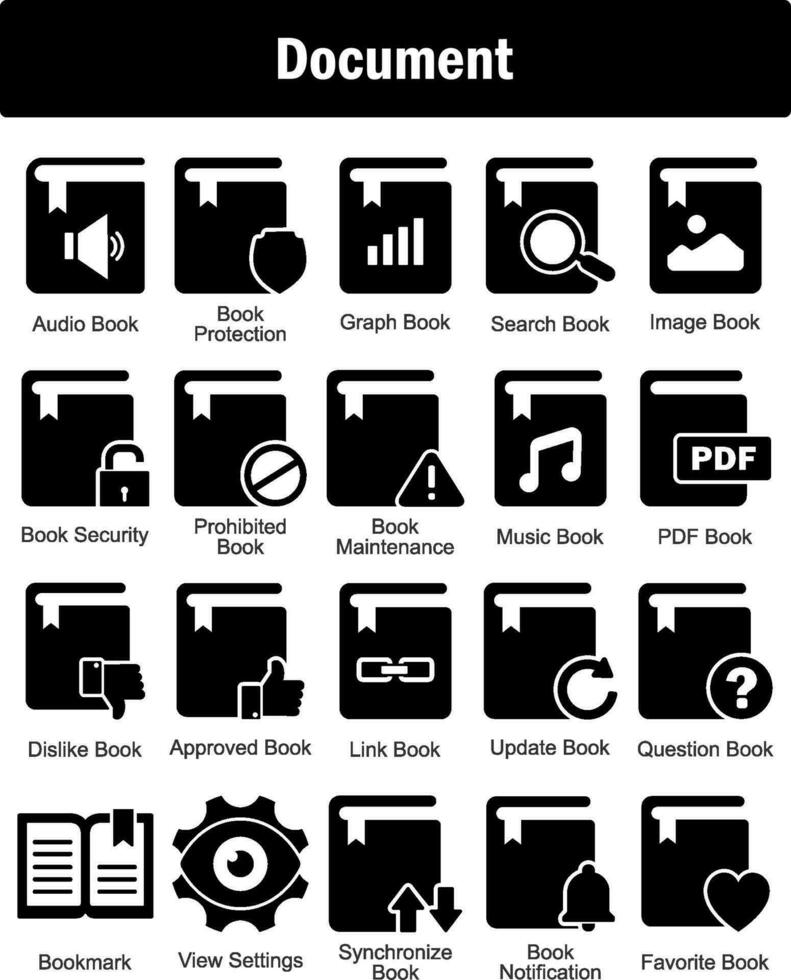 un' impostato di 20 documento icone come Audio prenotare, libro protezione, grafico libro vettore