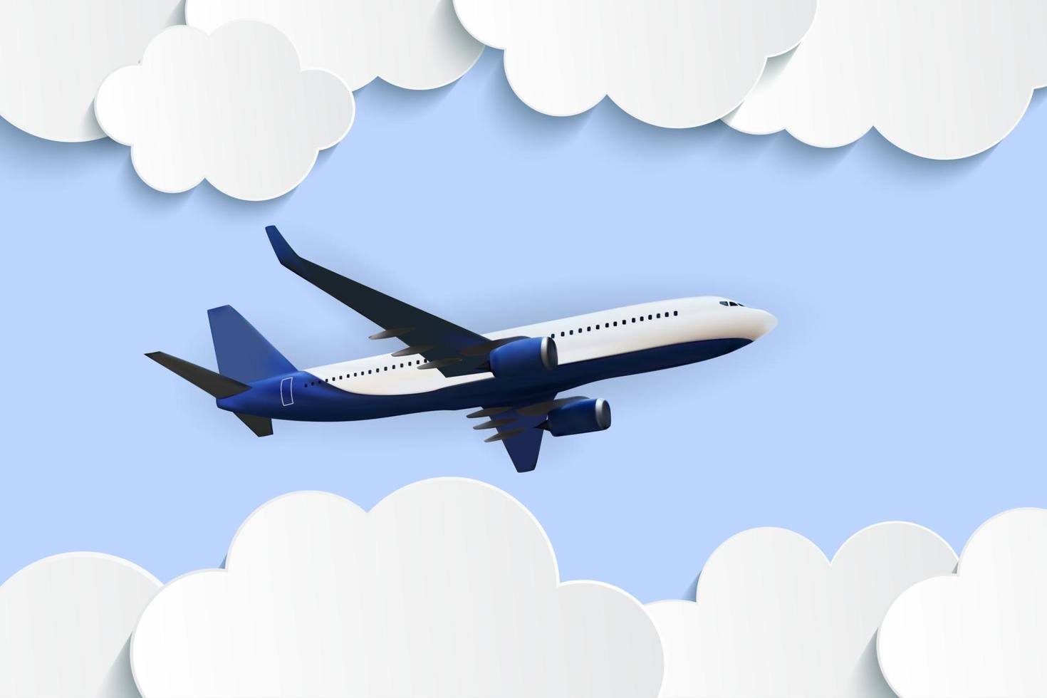 nuvole astratte con illustrazione vettoriale di aeroplano 3d realistico volante