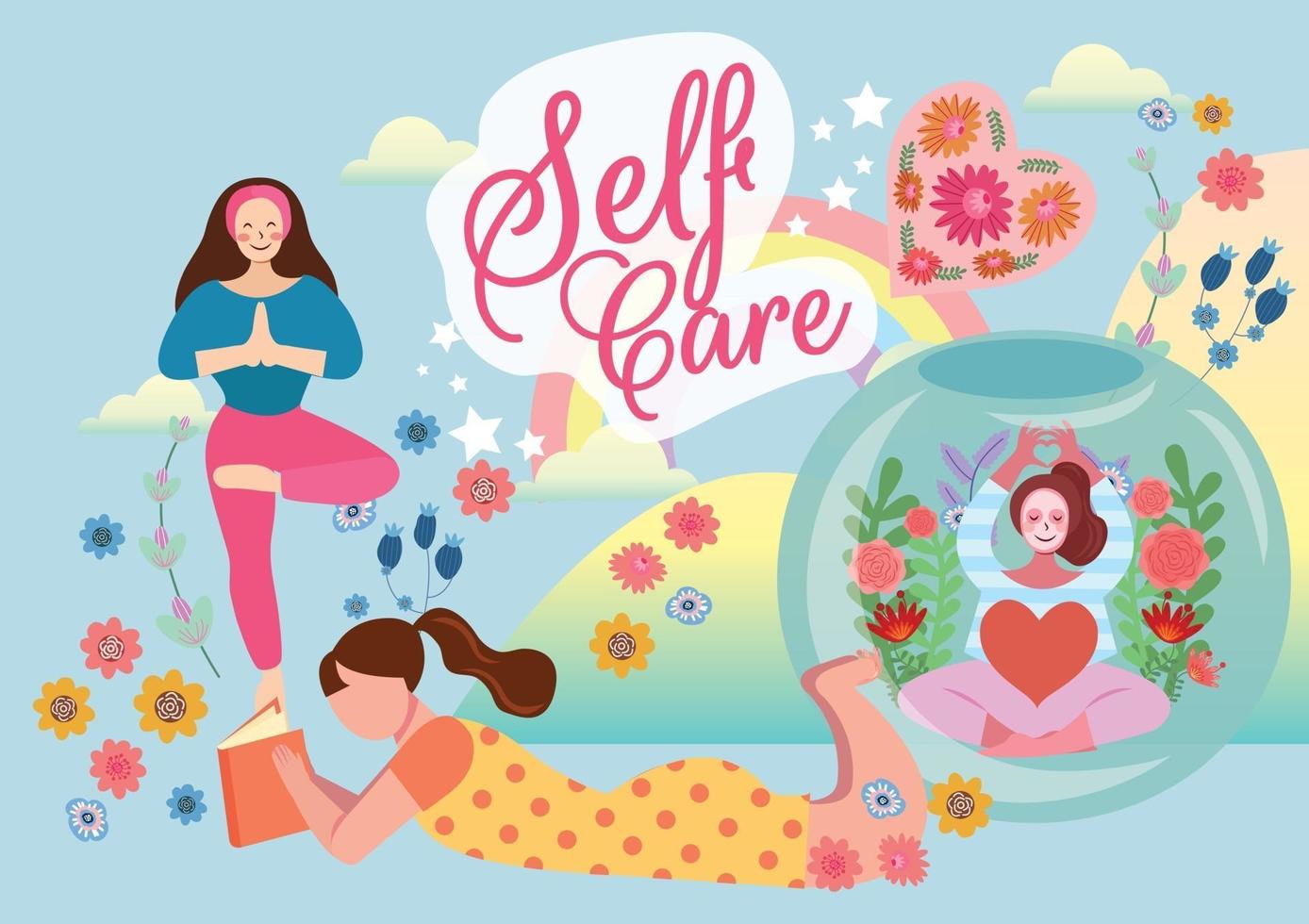 concetto di cura di sé ama il tuo rilassamento di autoterapia vettore