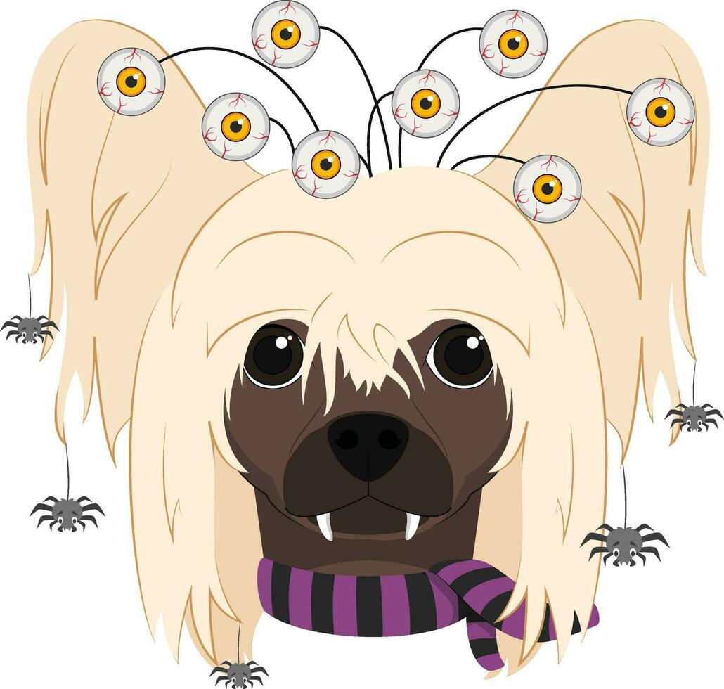 Halloween saluto carta. Cinese crestato cane vestito con terrificante occhi, parecchi ragni caduta a partire dal il capelli e un' viola e nero sciarpa vettore