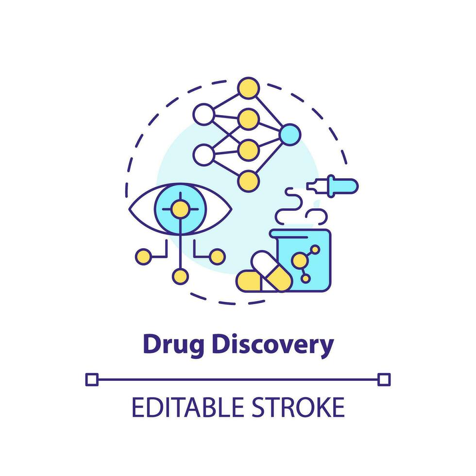 droga scoperta concetto icona. identificazione di nuovo obiettivi per farmacia sviluppo. ai e ml nel precisione medicina astratto idea magro linea illustrazione. isolato schema disegno. modificabile ictus vettore