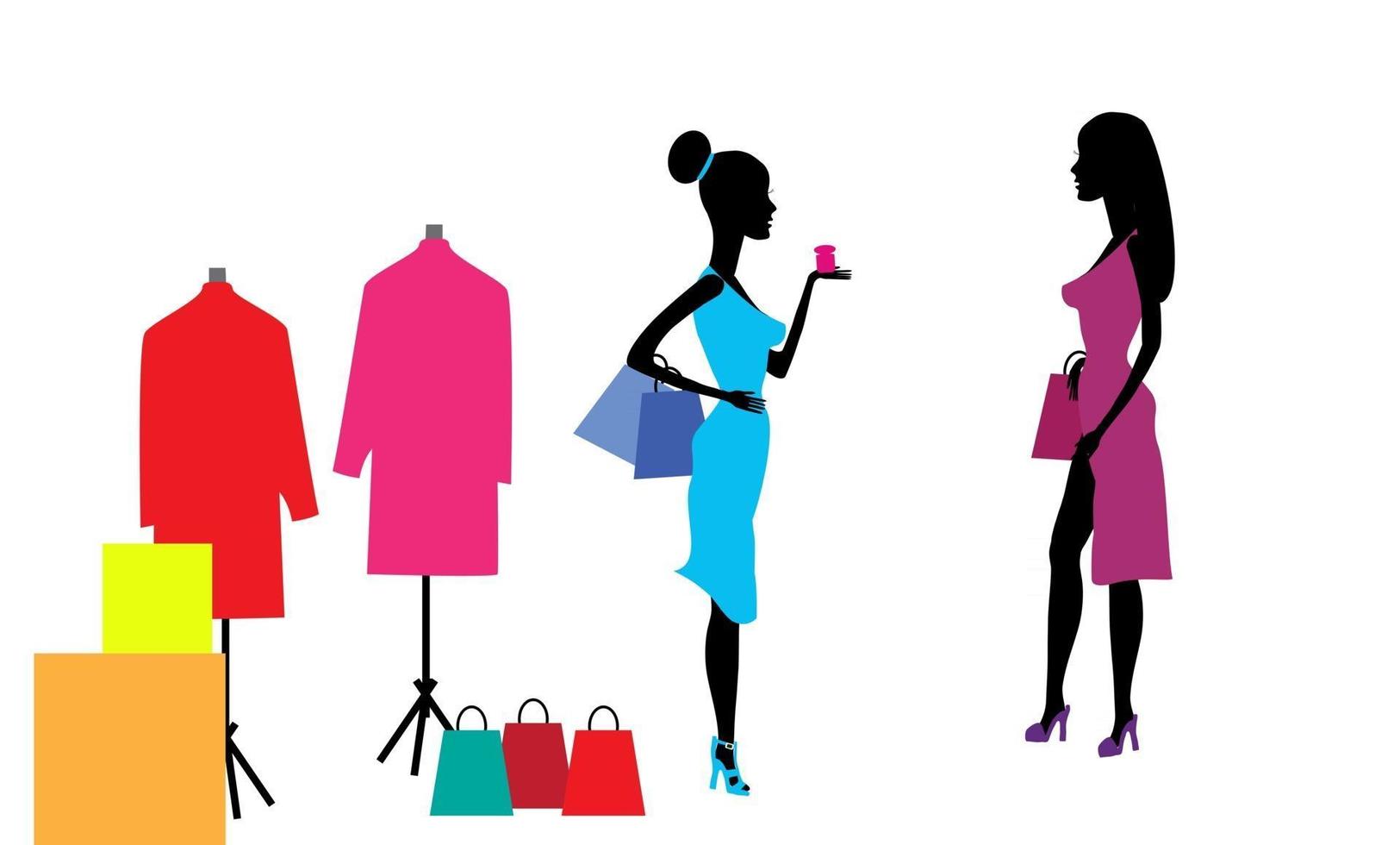 due belle ragazze dopo lo shopping nelle boutique. illustrazione vettoriale. vettore