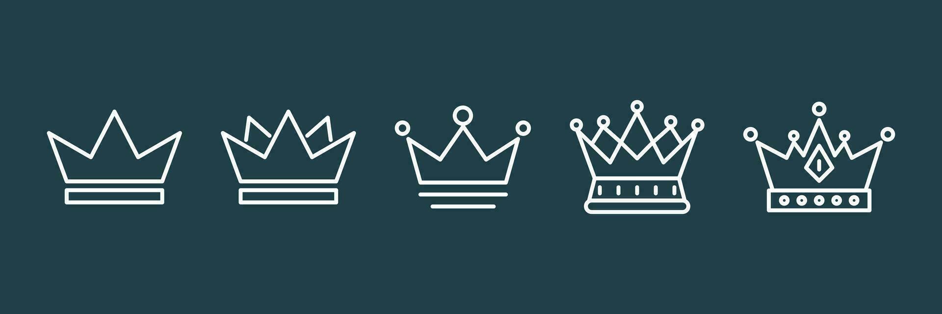corona vettore icona, re e Regina corone, Principe e Principessa design elementi, classico araldico design elementi, monocromatico comando, premio qualità magro linea corona impostato icone illustrazione
