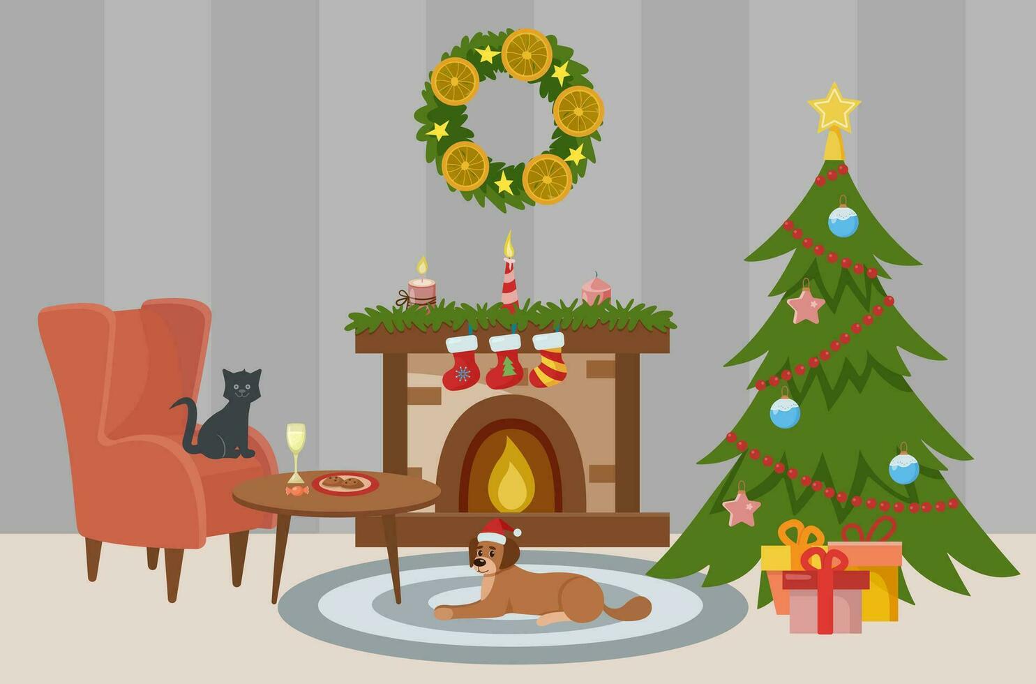 Natale camera interno. Natale albero e decorazioni. i regali e il camino. accogliente poltrona. cane di il il camino. il gatto è su il sedia. vettore illustrazione nel piatto stile.