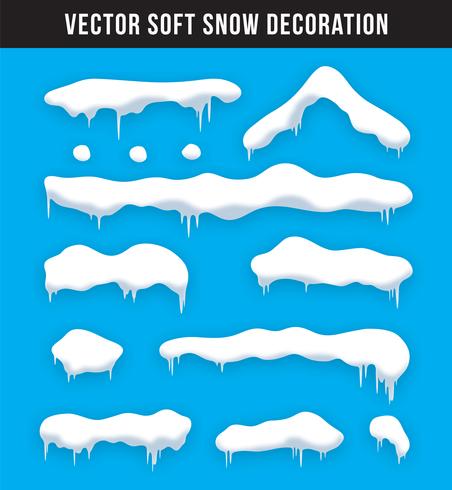 Set di tappi di neve, palle di neve e cumuli di neve. Raccolta di vettore di cappuccio di neve. Elemento di decorazione invernale Elementi nevosi su sfondo invernale. Modello di cartone animato Nevicate e fiocchi di neve in movimento. Illustrazione.