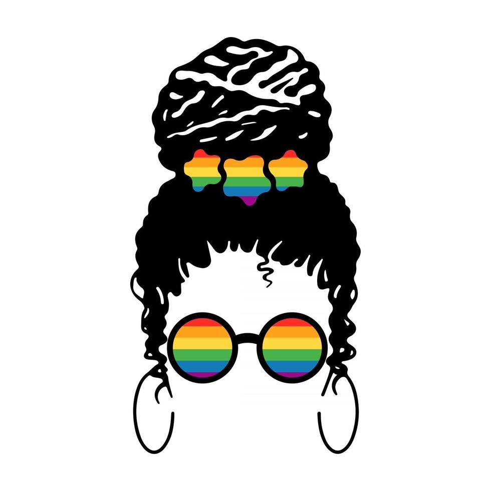 giovane bella donna nera con occhiali colorati lgbt e decorazioni per capelli isolati su sfondo bianco. illustrazione piatta vettoriale. design per banner, poster, biglietti di auguri, volantini vettore