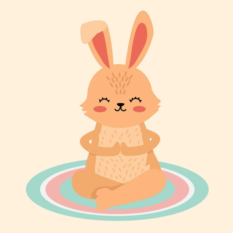 carino Meditare coniglio. coniglio fare yoga. vettore illustrazione nel cartone animato stile. poco coniglio su fitness stuoia. animale tema. isolato sfondo. piatto stile.