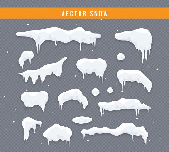 Set di tappi di neve, palle di neve e cumuli di neve. Raccolta di vettore di cappuccio di neve. Elemento di decorazione invernale Elementi nevosi su sfondo invernale. Modello di cartone animato Nevicate e fiocchi di neve in movimento. Illustrazione.