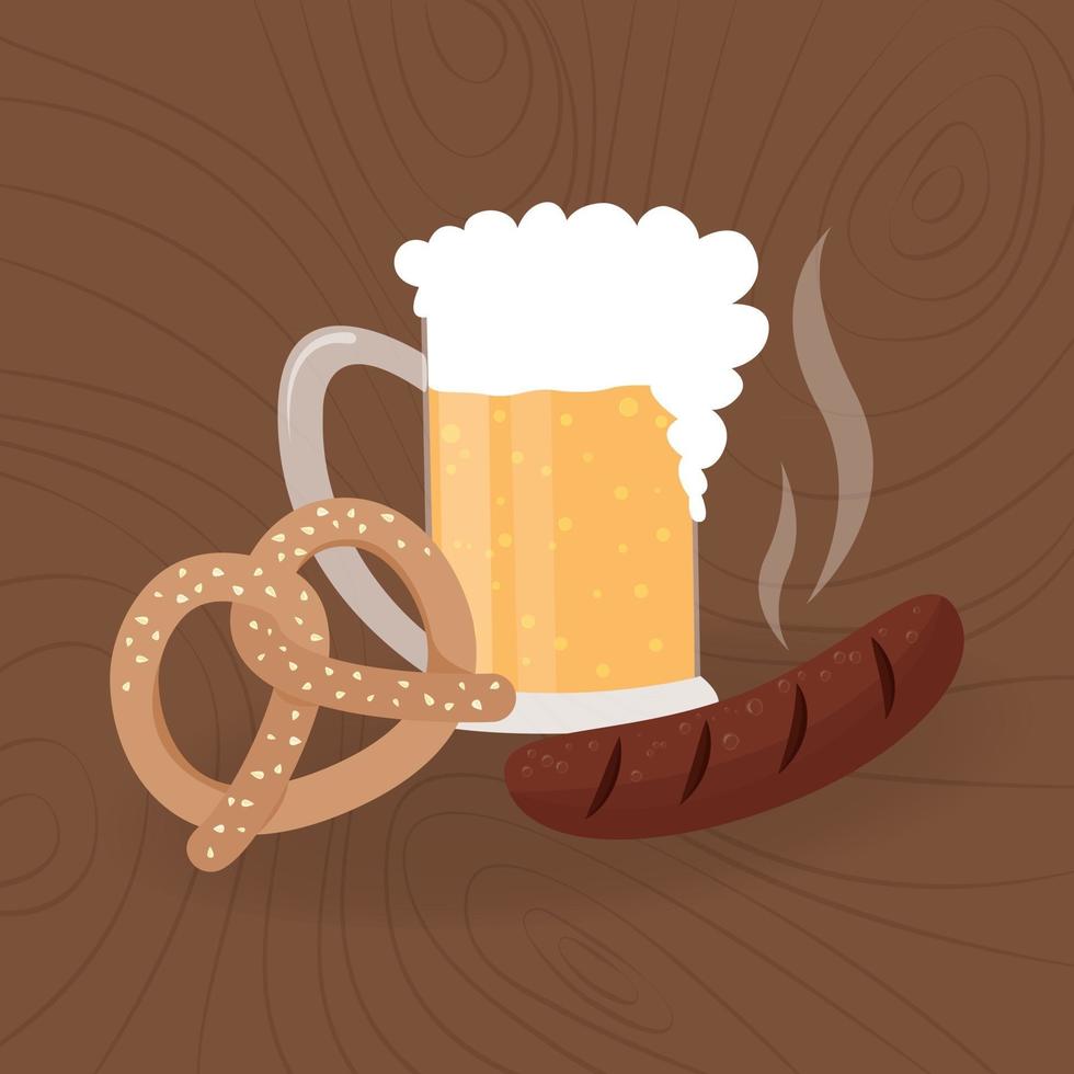 cibo dell'oktoberfest. boccale di birra, pretzel e salsiccia bavarese. pasto più oktoberfest su fondo di legno. illustrazione del manifesto vettoriale