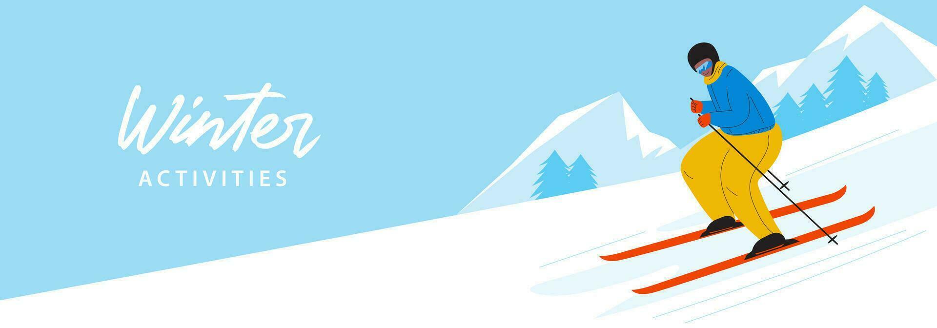 bandiera con sciatore cavalcate su sci nel montagna. uomo è sciare giù collina. inverno all'aperto attività, sport. orario invernale divertimento. montagna paesaggio vettore