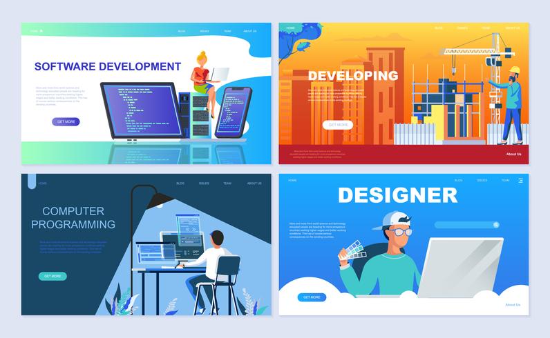 Set di modello di pagina di destinazione per Software, Sviluppo, Designer, Programmazione. vettore