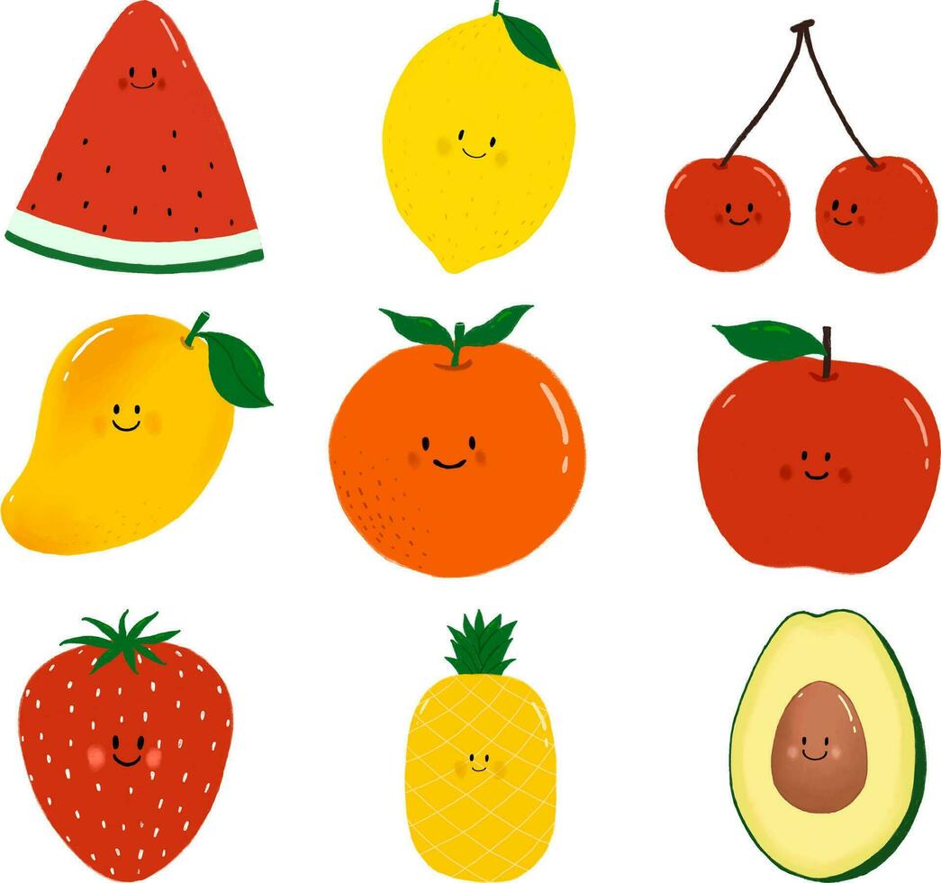 cartone animato frutta personaggi, carino stile, frutta collezione, vettore cibo illustrazione, contento frutta