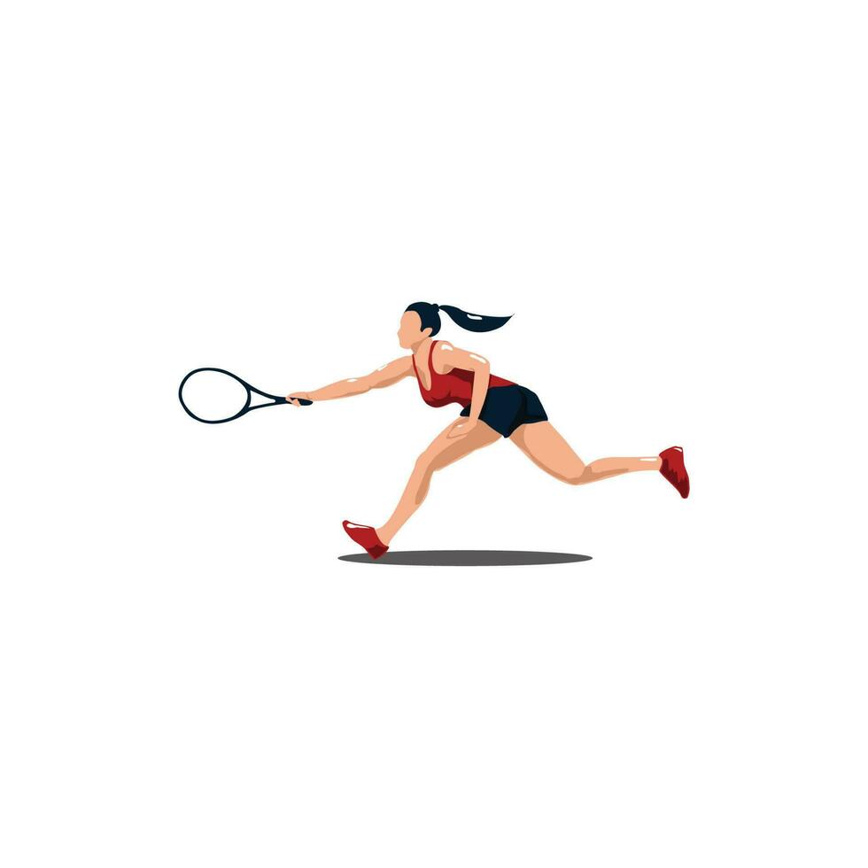 vettore illustrazioni - sport donna correre e swing il suo tennis racchetta orizzontalmente per raggiungere il palla - piatto cartone animato stile