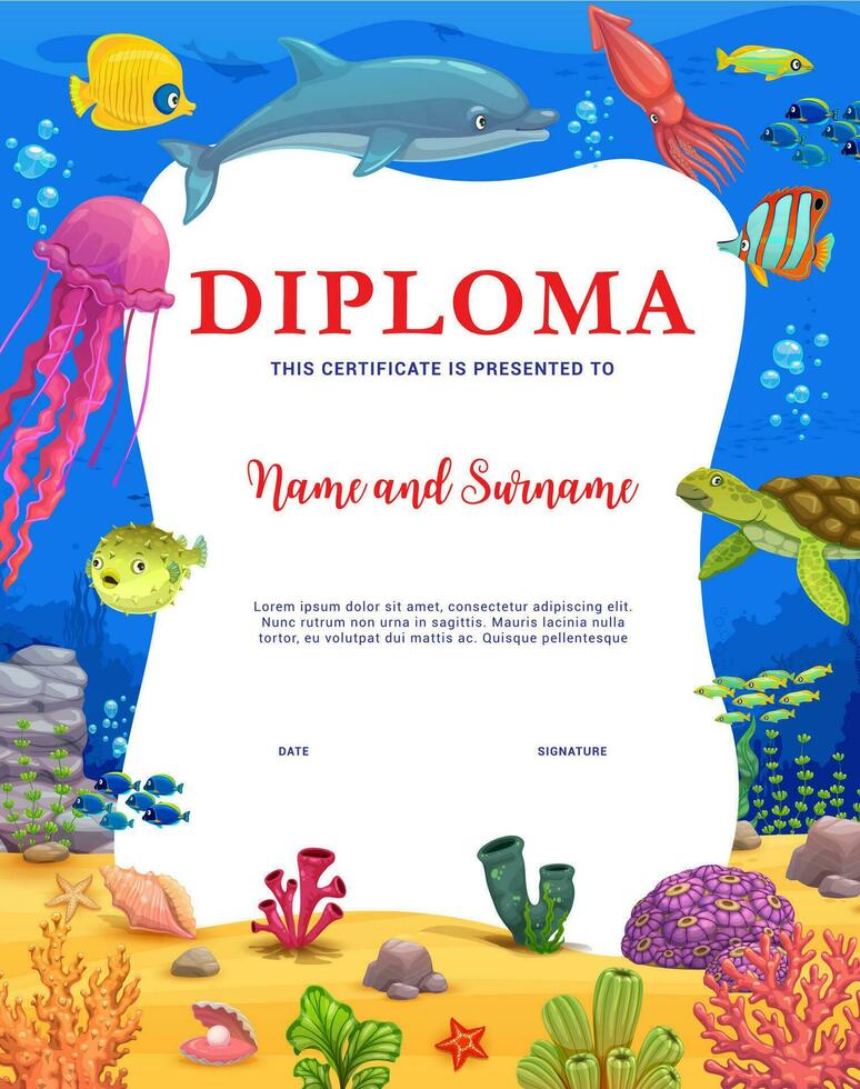 bambini diploma, cartone animato animali e pesce, subacqueo vettore