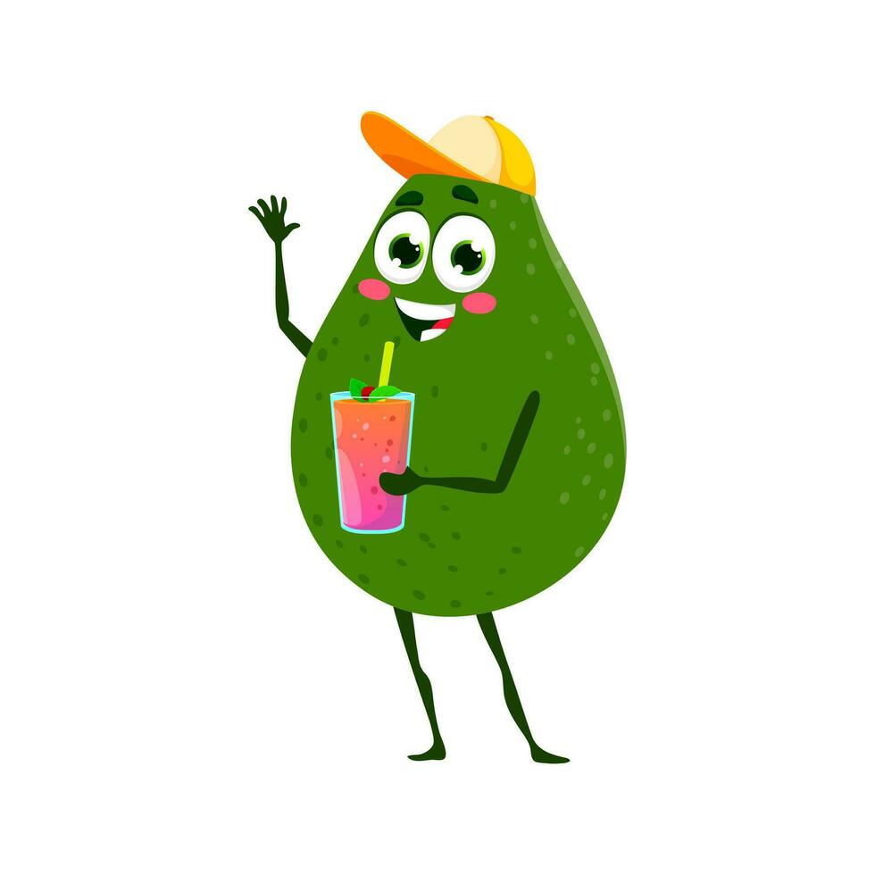 cartone animato avocado personaggio con cocktail, vettore