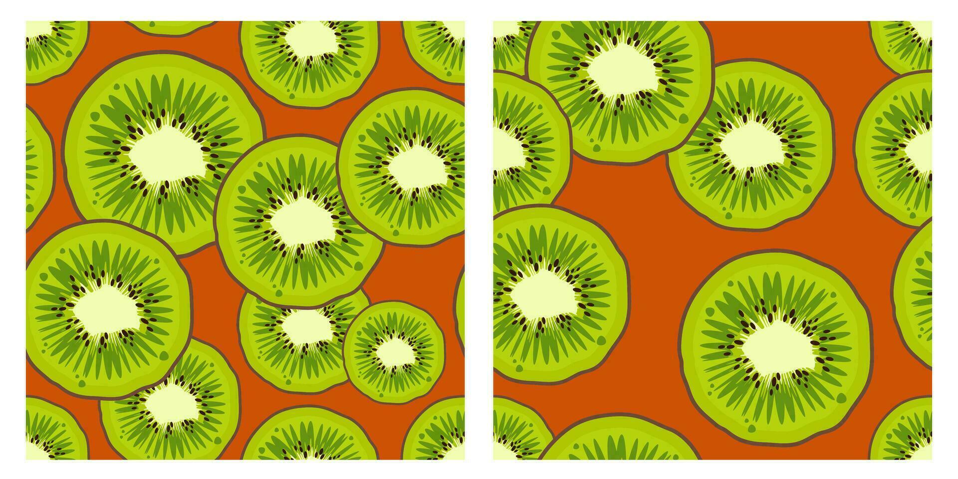 impostato di Kiwi frutta pattern.trendy luminosa design esotico frutta su arancia sfondo. fresco succoso verde frutta. vettore illustrazione per carte da parati, tessuti, ragnatela, app, i Quaderni, Astuccio, involucro carta