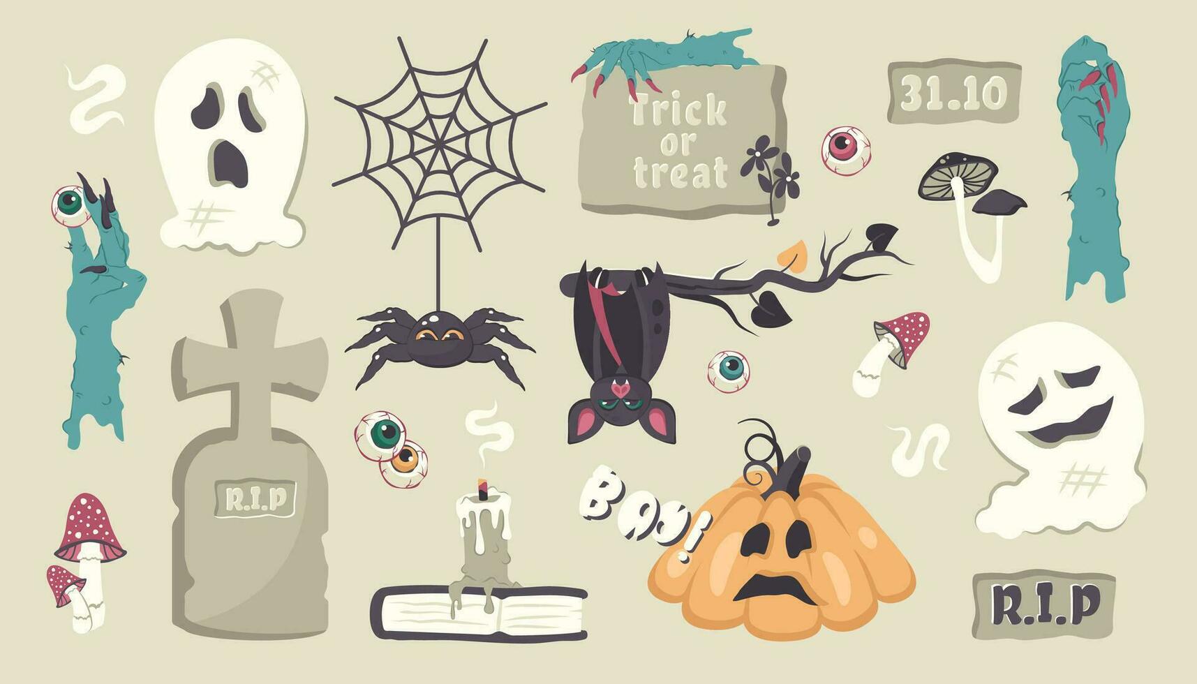 impostato di Halloween icone. mano disegnato scarabocchio spaventoso personaggi e elementi isolato. zucca, fantasma, ragno, candela, Magia prenotare, tomba, funghi, occhi. vettore cartone animato illustrazione per Halloween festa