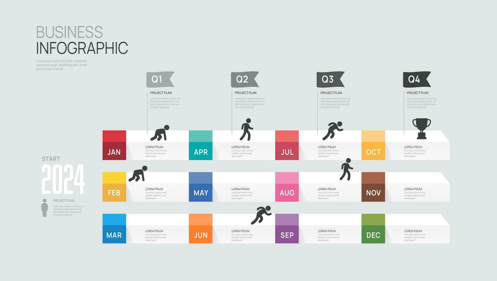Infografica modello per attività commerciale. 2024 12 mese grafico sequenza temporale diagramma, gantt progresso passaggi pietra miliare presentazione vettore. vettore